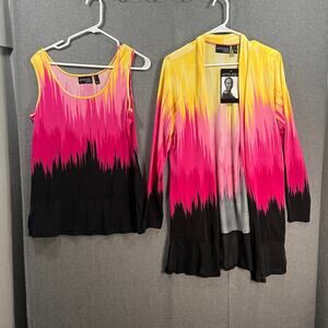 Attitudes by Renee Jersey Mesh Trim Tank & Cardigan Set Fuchsia Dreams, Medium